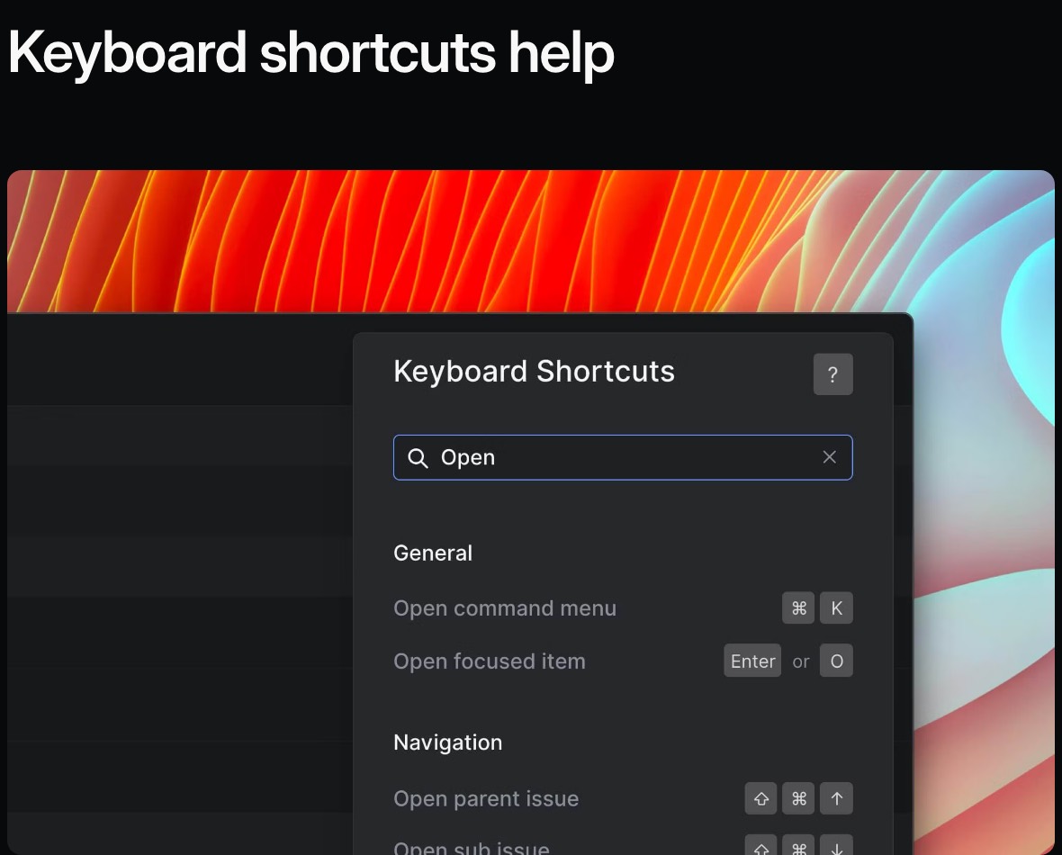 Linear’s Keyboard Shortcuts panel with a search field and General and Navigation sections