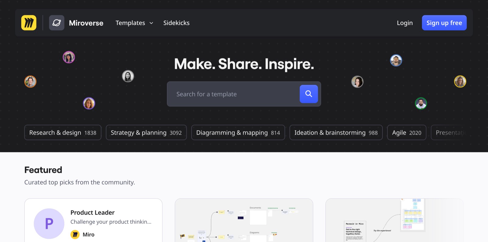 Miro’s template gallery (Miroverse) with search and job-based categories