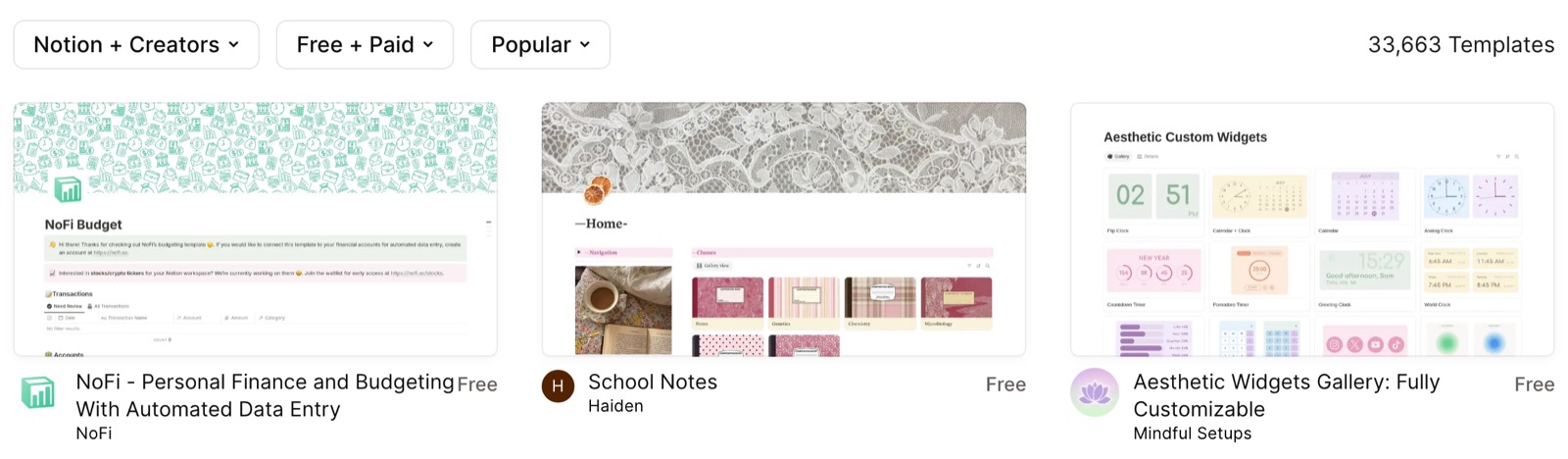 Notion template gallery with filters, a template count and preview cards