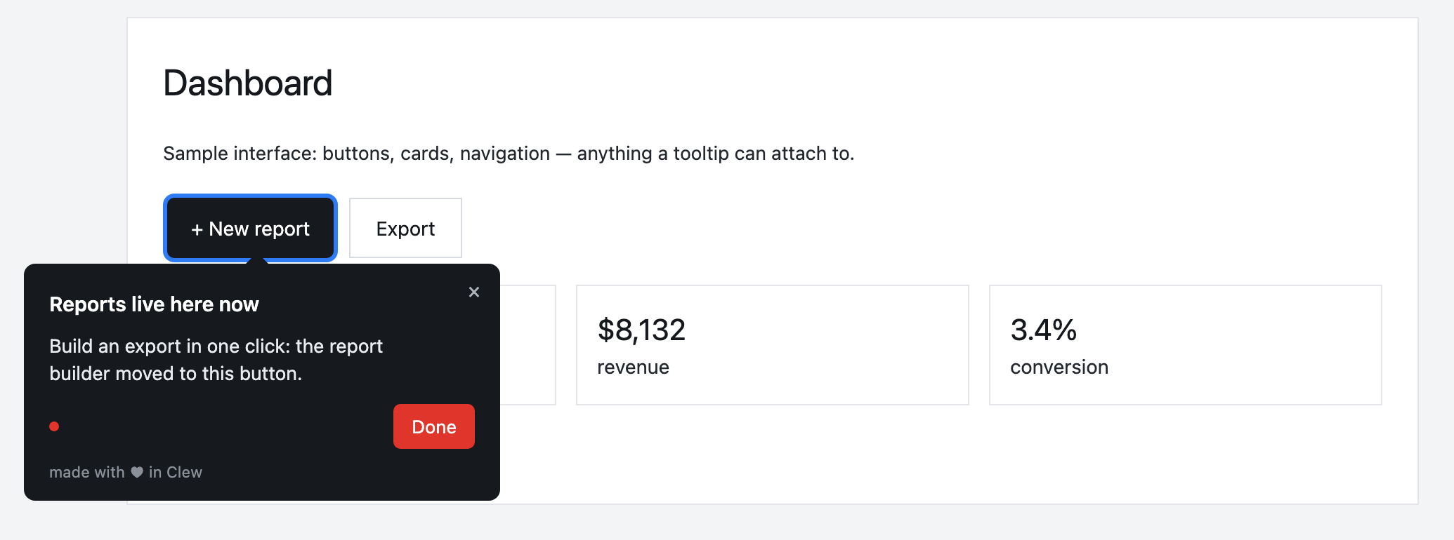 A Clew tooltip on top of an app dashboard, pointing at the New report button