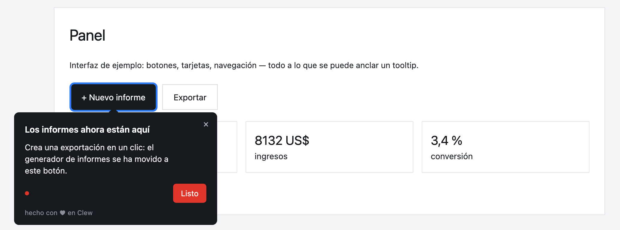Un tooltip de Clew sobre el panel de una app, señalando el botón Nuevo informe