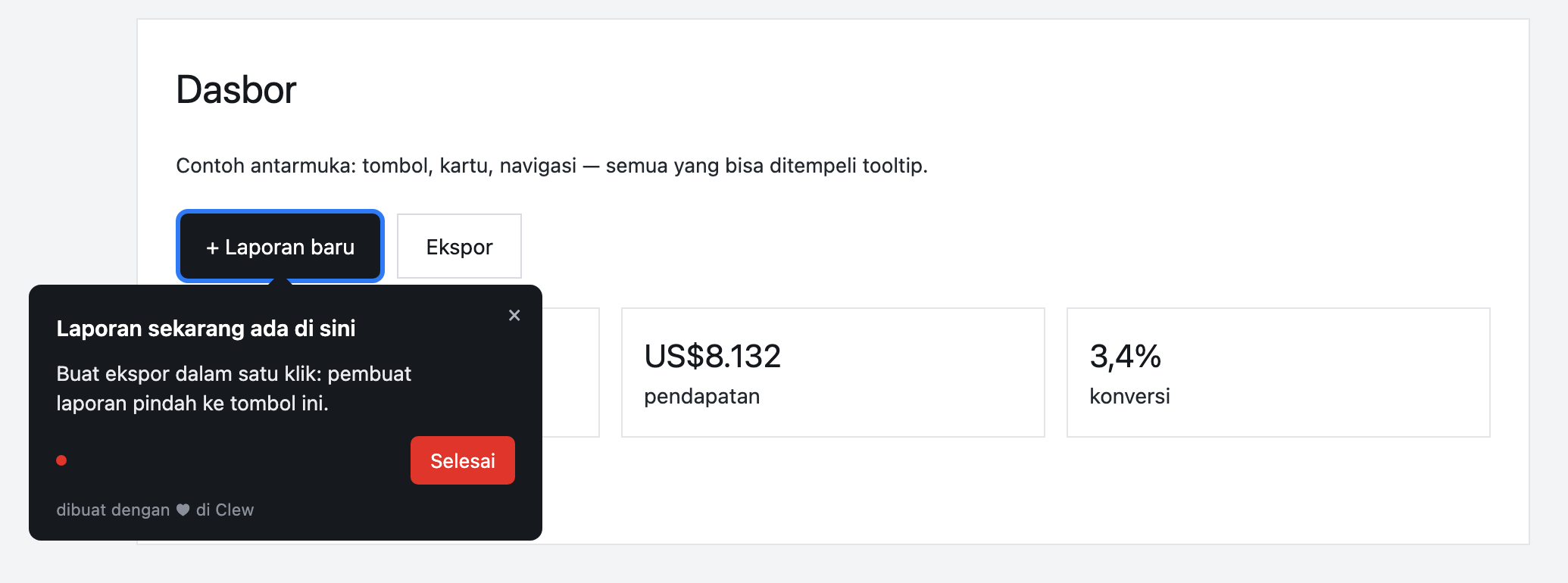 Tooltip Clew di atas dasbor aplikasi, menunjuk tombol Laporan baru