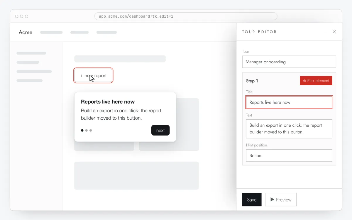 The Clew visual editor on top of a page, with a tour step attached to a button