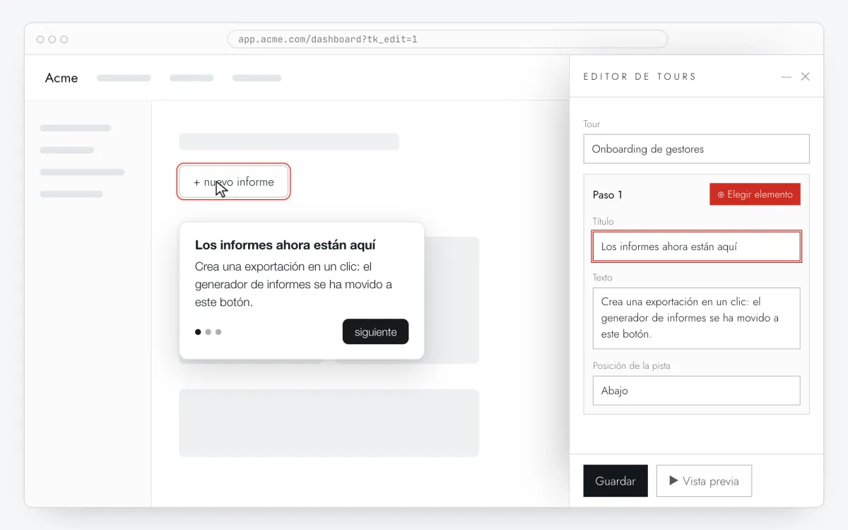 El editor de Clew sobre el sitio del cliente: un botón está resaltado y el panel de la derecha contiene el título y el texto del aviso