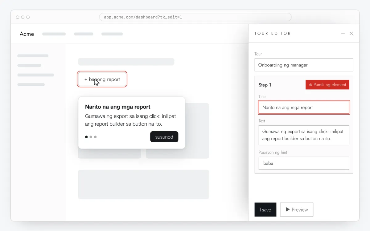 Ang editor ng Clew sa ibabaw ng sariling site: may naka-highlight na button at sa kanan ang panel na may pamagat at teksto ng tooltip