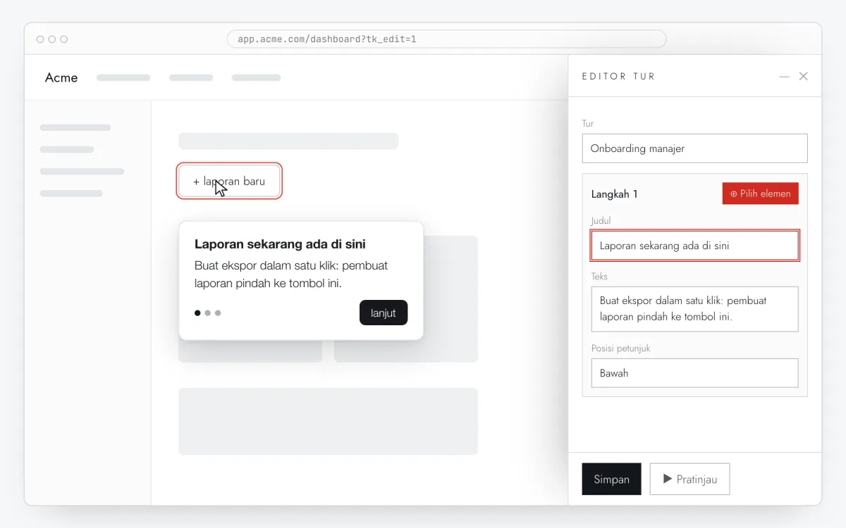 Editor Clew di atas situs pelanggan: satu tombol ditandai dan panel di kanan berisi judul serta teks tooltip
