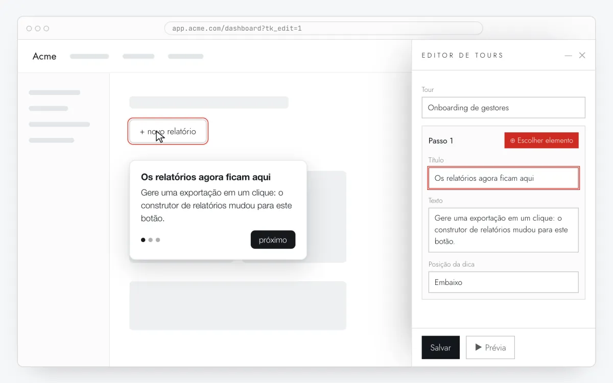 O editor do Clew sobre o site do cliente: um botão destacado e, à direita, o painel com o título e o texto da dica