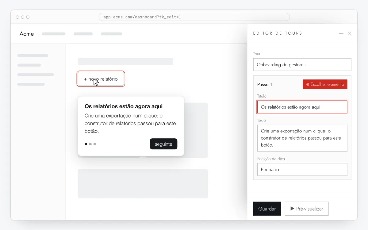 O editor do Clew sobre o site do cliente: um botão destacado e, à direita, o painel com o título e o texto da dica