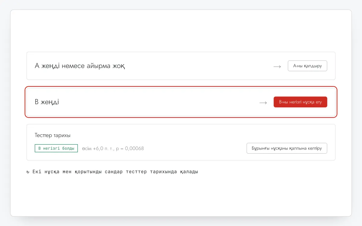 Тестті аяқтау: B жеңсе — B-ны негізгі нұсқа ету; A жеңсе немесе айырма жоқ болса — A-ны қалдыру; екі нұсқа мен қорытынды сандар «Тесттер тарихы» блогында сақталады