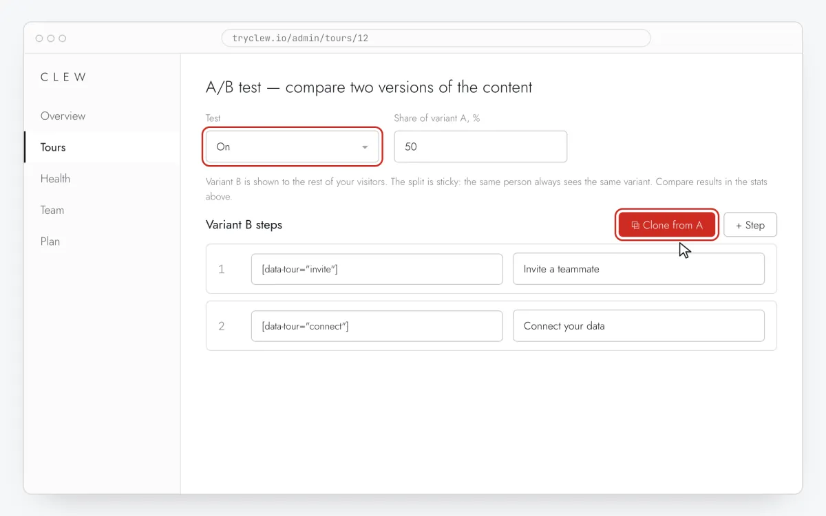 Clew tour editor with the A/B test section expanded: Test set to On, share of variant A 50%, and variant B steps cloned from A