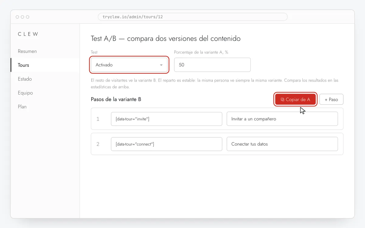 Editor de tours de Clew con la sección de test A/B abierta: test activado, porcentaje de la variante A al 50 % y pasos de la variante B copiados de A