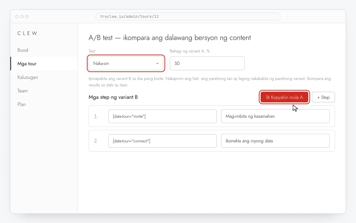 Tour editor ng Clew na may bukas na seksyon ng A/B test: naka-on ang test, bahagi ng variant A ay 50%, at mga step ng variant B na kinopya mula A
