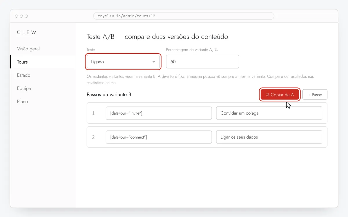 Editor de tours do Clew com a secção de teste A/B aberta: teste ligado, percentagem da variante A em 50% e passos da variante B copiados de A