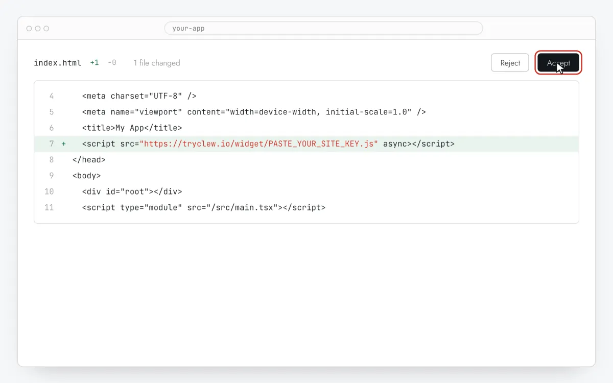 Code diff with one script line added to index.html (user onboarding in a Lovable app)