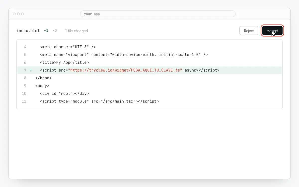 Diff con una sola línea de script añadida en index.html antes del cierre de head