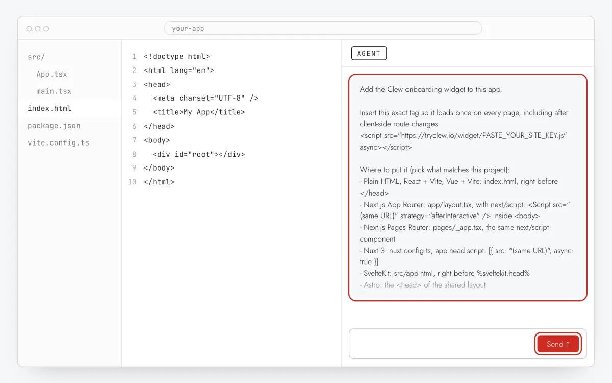 AI chat with the Clew prompt in the message box (user onboarding in a Lovable app)