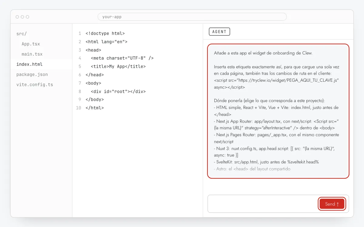 Chat de un asistente de IA con el prompt de instalación de Clew