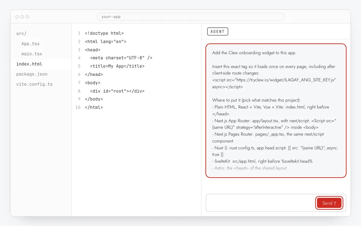 AI assistant chat na may Clew install prompt