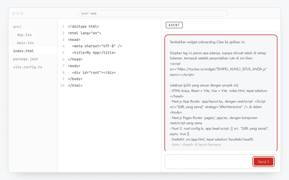 Chat asisten AI berisi prompt pemasangan Clew