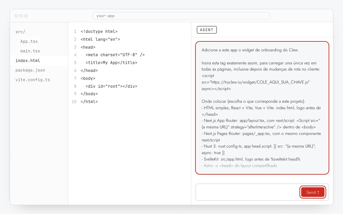 Chat de um assistente de IA com o prompt de instalação do Clew