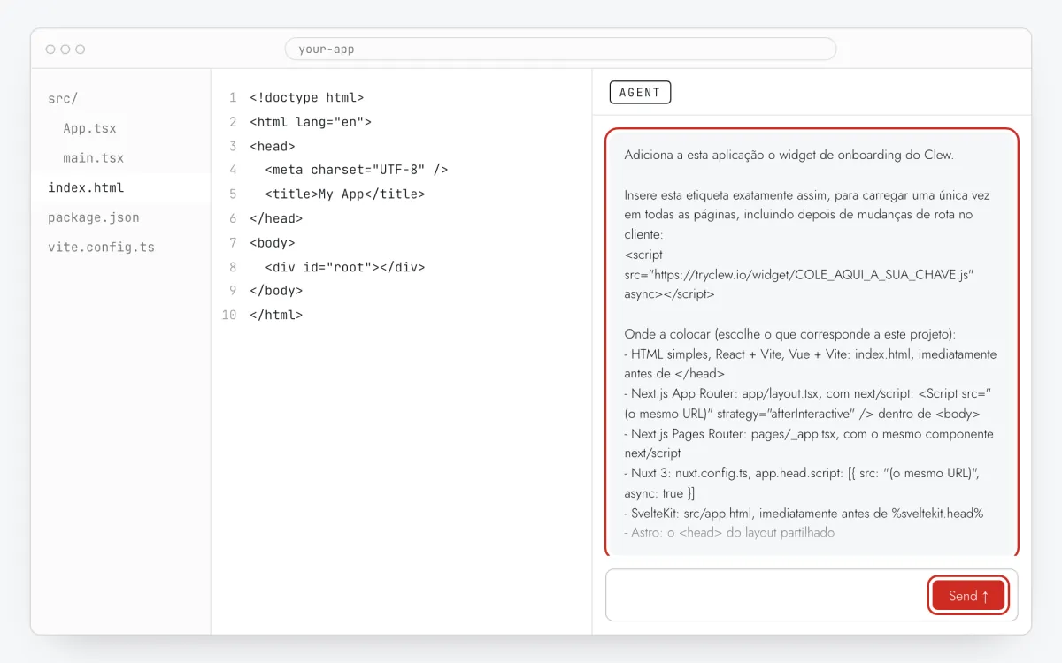 Chat de um assistente de IA com o prompt de instalação do Clew