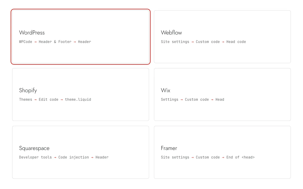 Where the head code field is in popular site builders