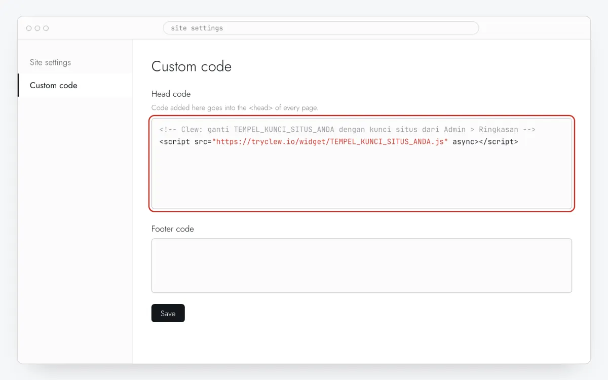 Kolom Head code di pengaturan situs dengan baris Clew yang sudah ditempel