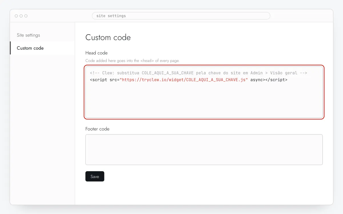 Campo Head code nas definições do site com a linha do Clew colada