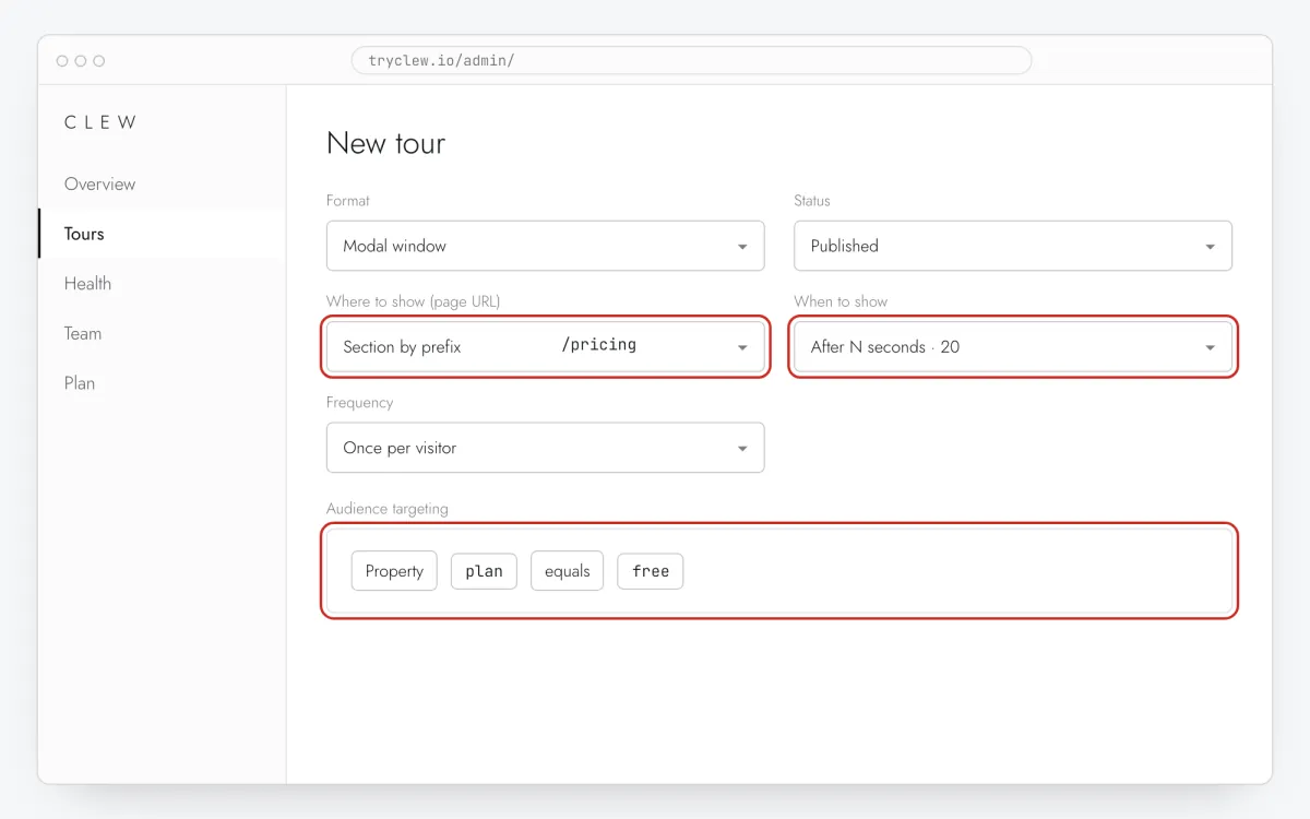 Clew tour editor with the format, page URL rule, trigger and audience rule fields