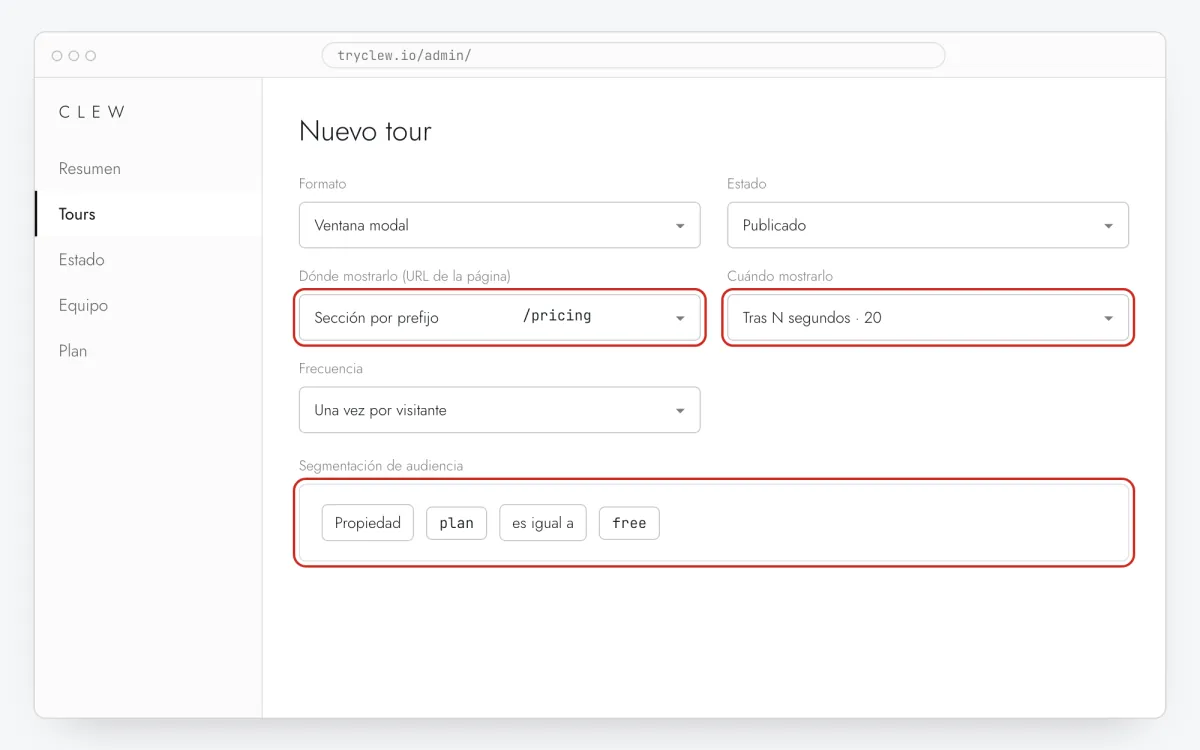 Editor de tours de Clew con el formato, la regla de URL, el disparador y la regla de audiencia