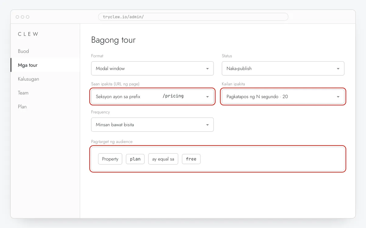 Tour editor ng Clew na may format, URL rule, trigger at audience rule