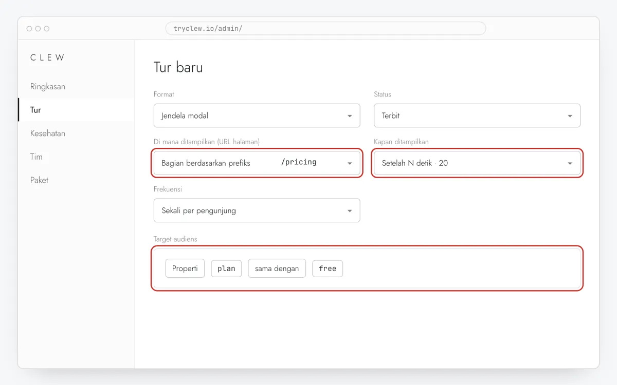 Editor tur Clew dengan format, aturan URL, pemicu, dan aturan audiens