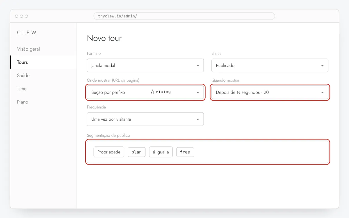 Editor de tours do Clew com formato, regra de URL, gatilho e regra de público