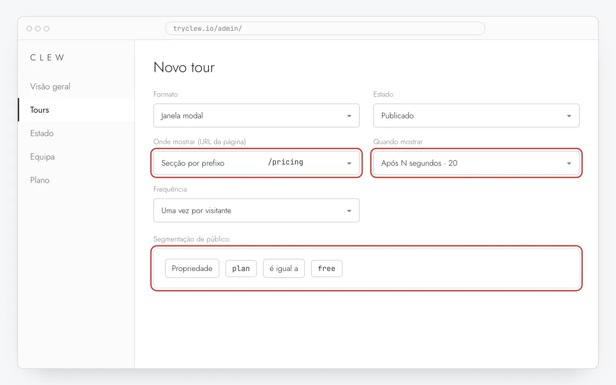 Editor de tours do Clew com formato, regra de URL, acionador e regra de público