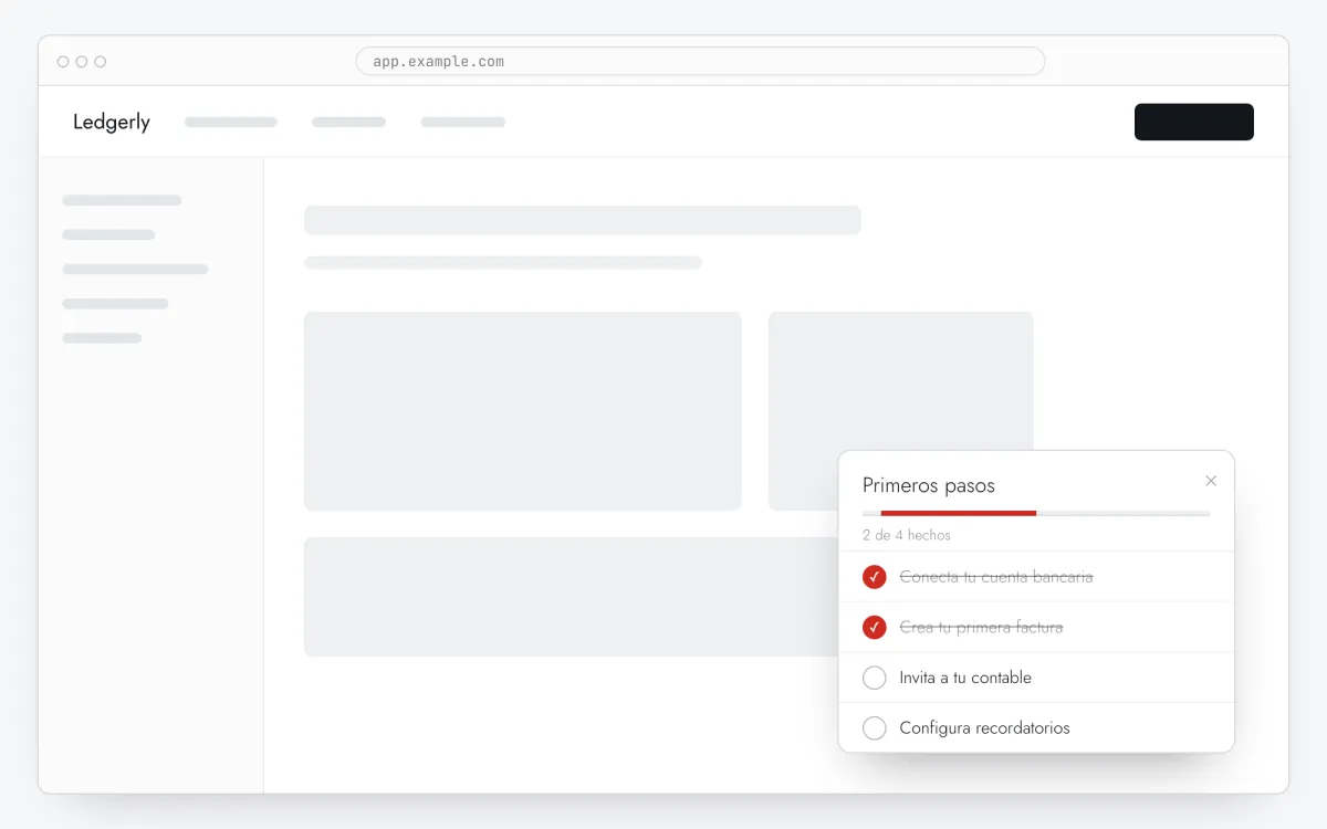 Panel de checklist de onboarding con barra de progreso y cuatro tareas, dos marcadas