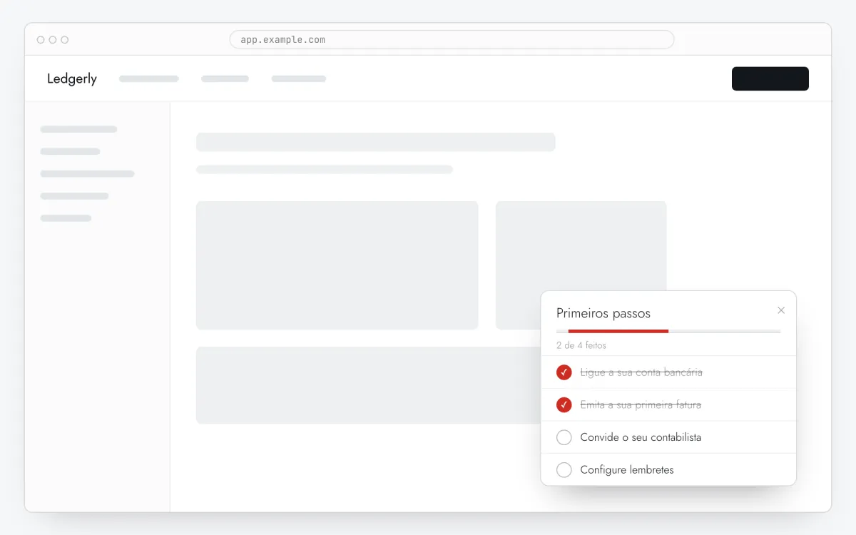 Painel de checklist de onboarding com barra de progresso e quatro tarefas, duas marcadas