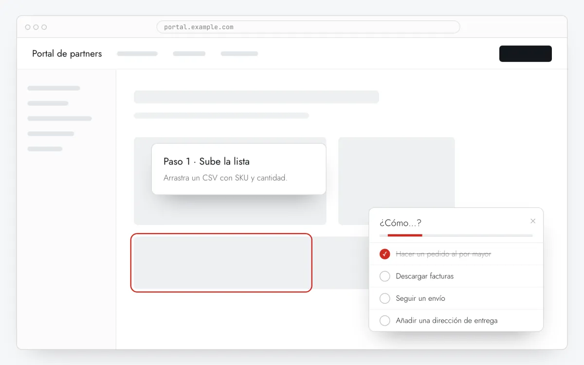 Un checklist de ayuda “¿Cómo…?” junto al tooltip del tour que lanzó en la misma página