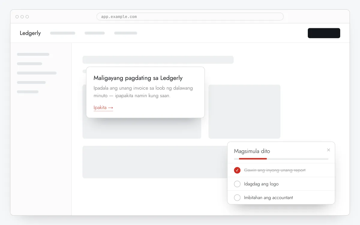 Welcome popup, tooltip ng tour at checklist panel bilang tatlong yugto ng onboarding