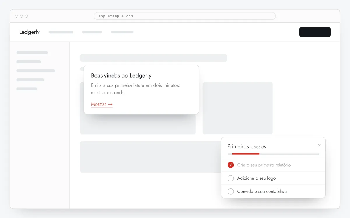 Um pop-up de boas-vindas, um tooltip de tour e um painel de checklist como três etapas do onboarding
