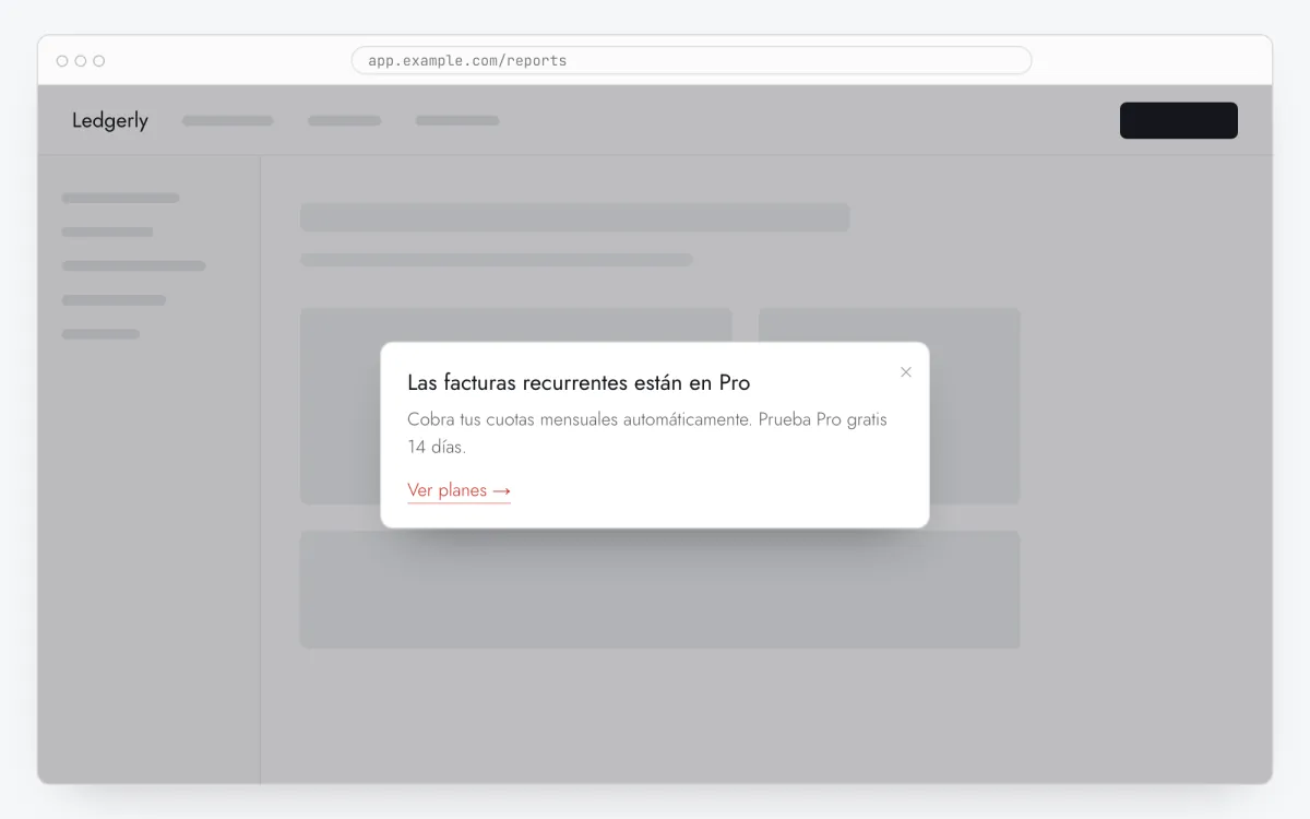 Un modal de aviso de mejora sobre una app web, con titular de beneficio y botón-enlace a la página de precios