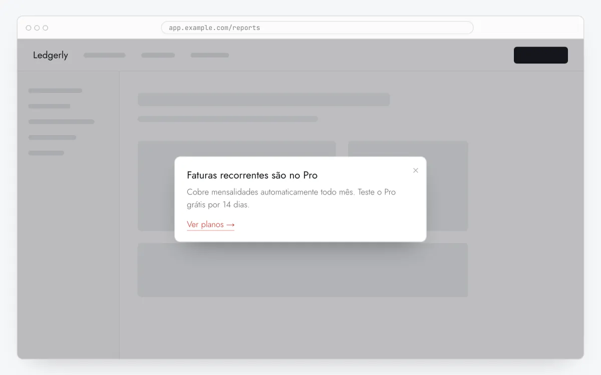 Modal de aviso de upgrade sobre um app web, com título de benefício e botão-link para a página de preços