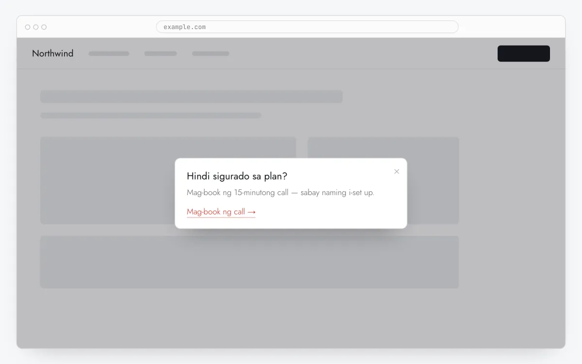 Isang popup (modal window) na may title, text at link button sa ibabaw ng website