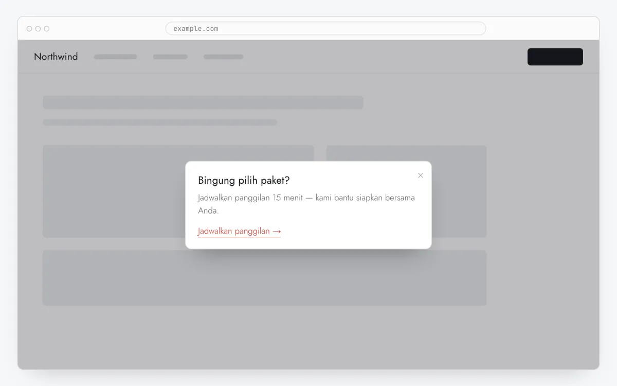 Popup (jendela modal) dengan judul, teks, dan tombol tautan di atas sebuah website