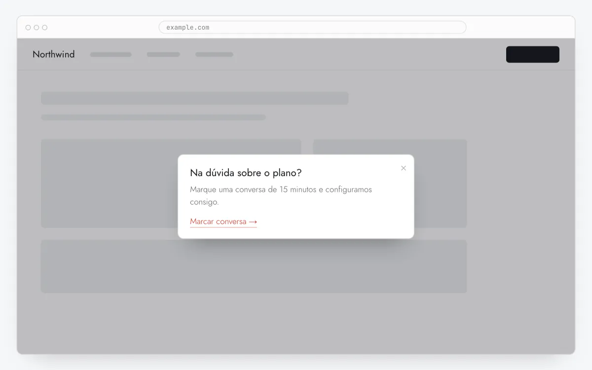 Um pop-up (janela modal) com título, texto e botão-link sobre um site