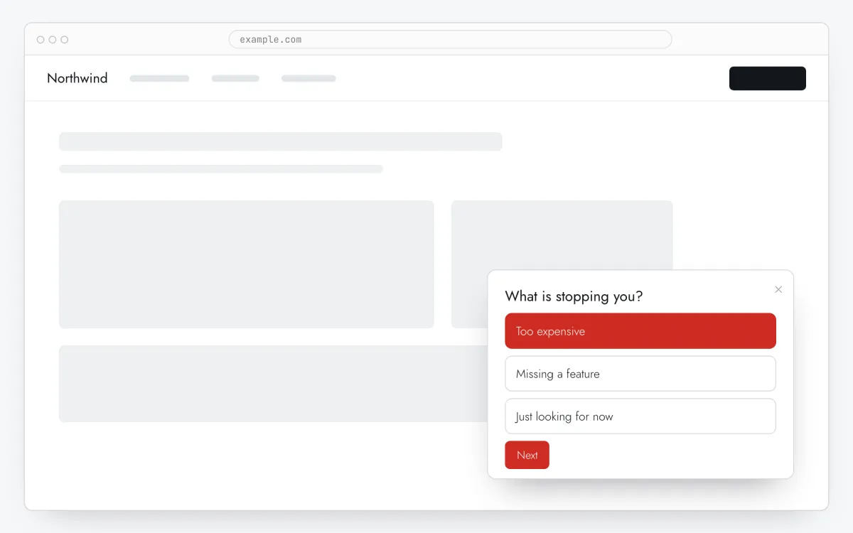 A survey popup in the corner of a page: a question and four options