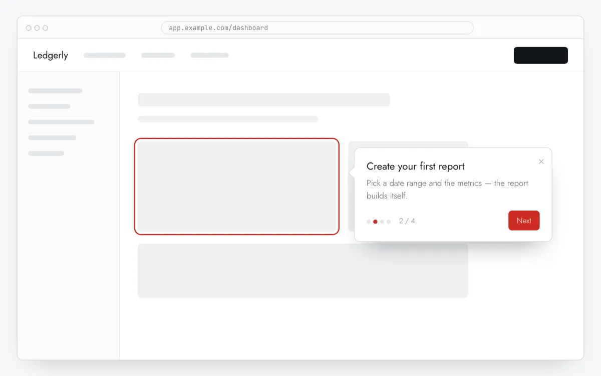 A product tour tooltip pointing at a button in a web app, with step dots and a Next button (product tour on WordPress)