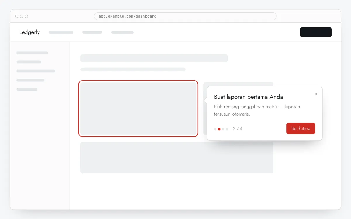 Tooltip product tour menunjuk tombol di aplikasi web, dengan titik langkah dan tombol Berikutnya