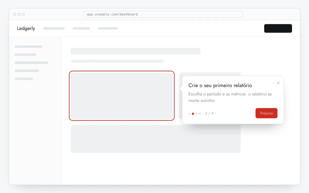 Tooltip de tour do produto apontando um botão num app web, com pontos de passos e botão Próximo