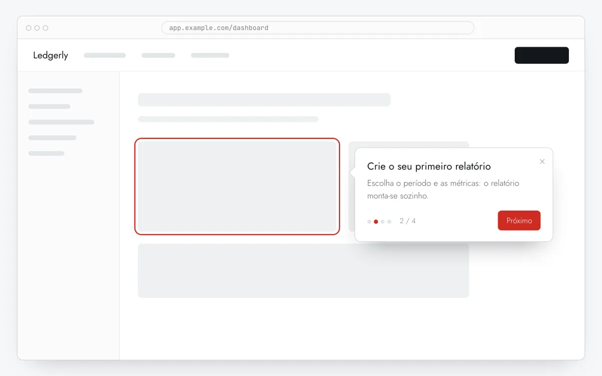 Tooltip de tour do produto apontando um botão numa app web, com pontos de passos e botão Próximo