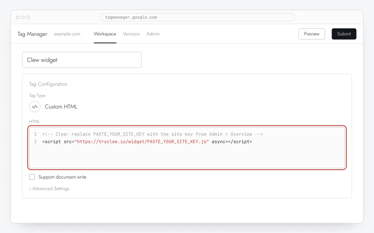 Custom HTML tag configuration with the Clew script tag pasted into the HTML field